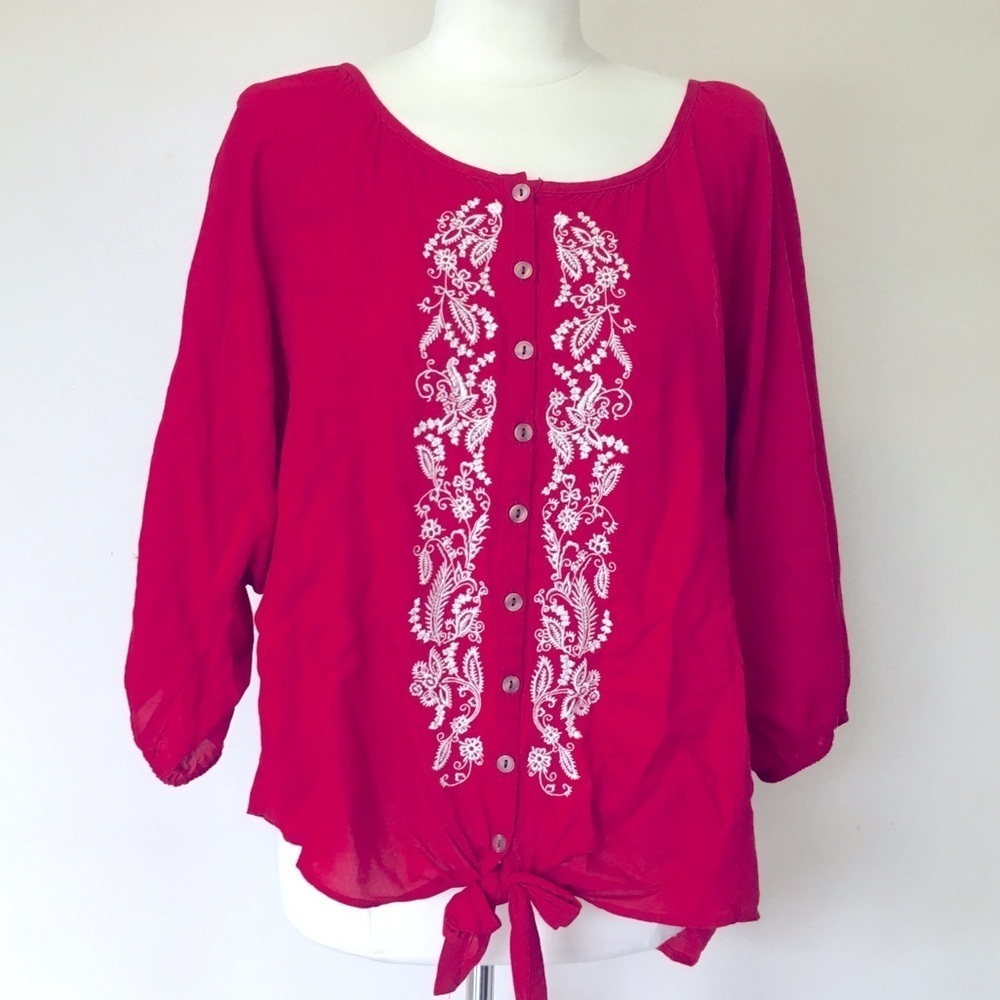 Style & Company Red Blouse Large embroidered detail button up and tie front